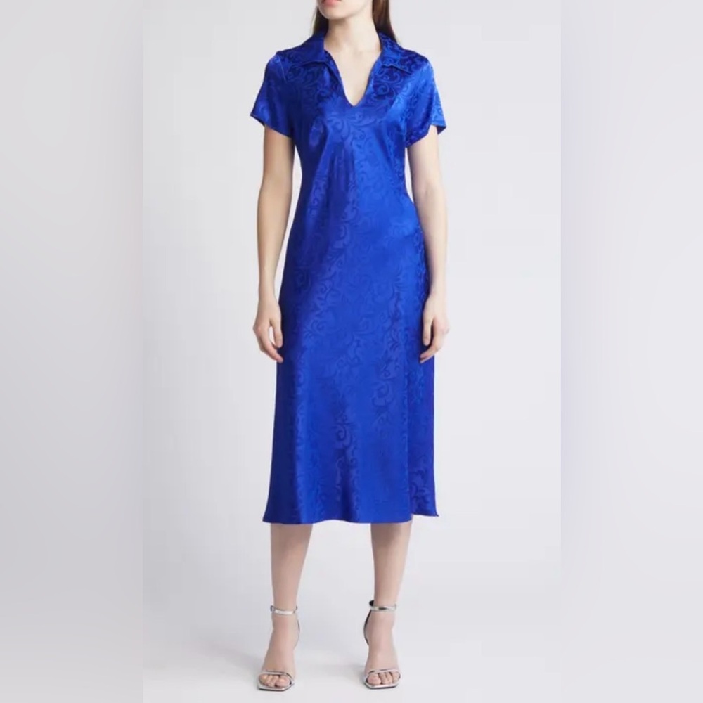 NWOT Connected Apparel Royal Blue Midi Dress Floral Damask Print Size 6